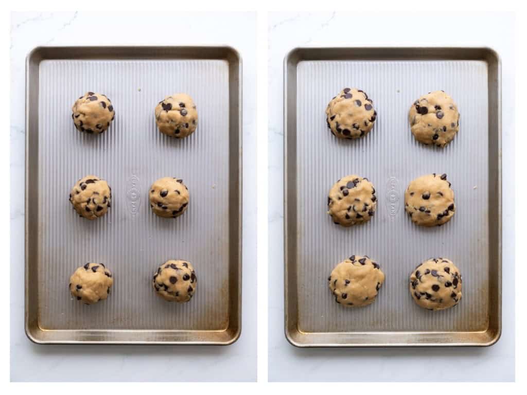6 equally sized dough balls are placed on a baking sheet and slightly flattened.