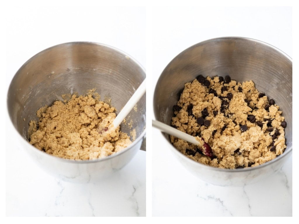 All of the dough ingredients are mixed together and the chocolate chips are folded in.