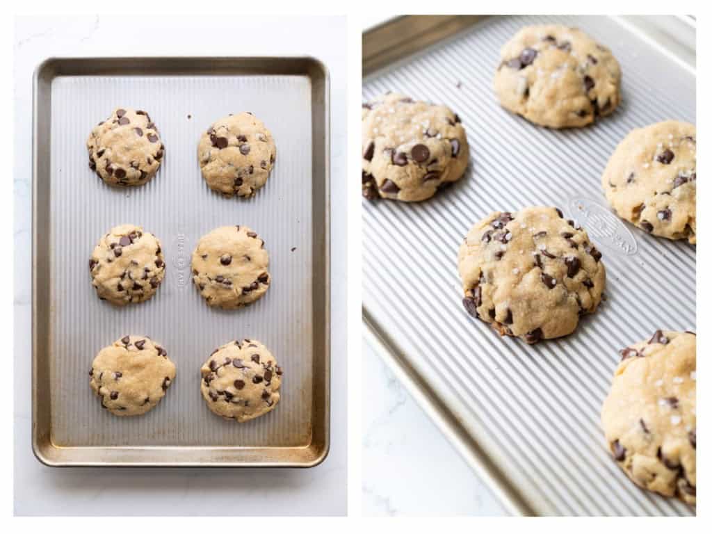 Once the sides of the cookies are set, remove from oven, sprinkle with salt flakes, and let fully cool.