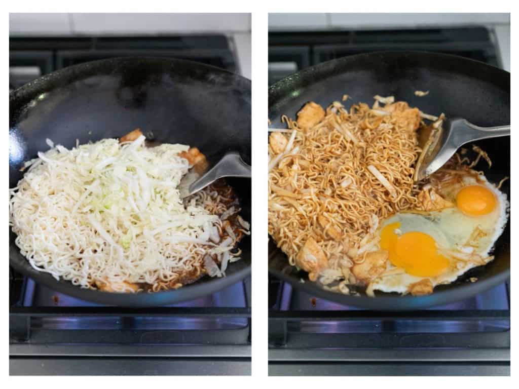 noodles and eggs being cooked in a skillet