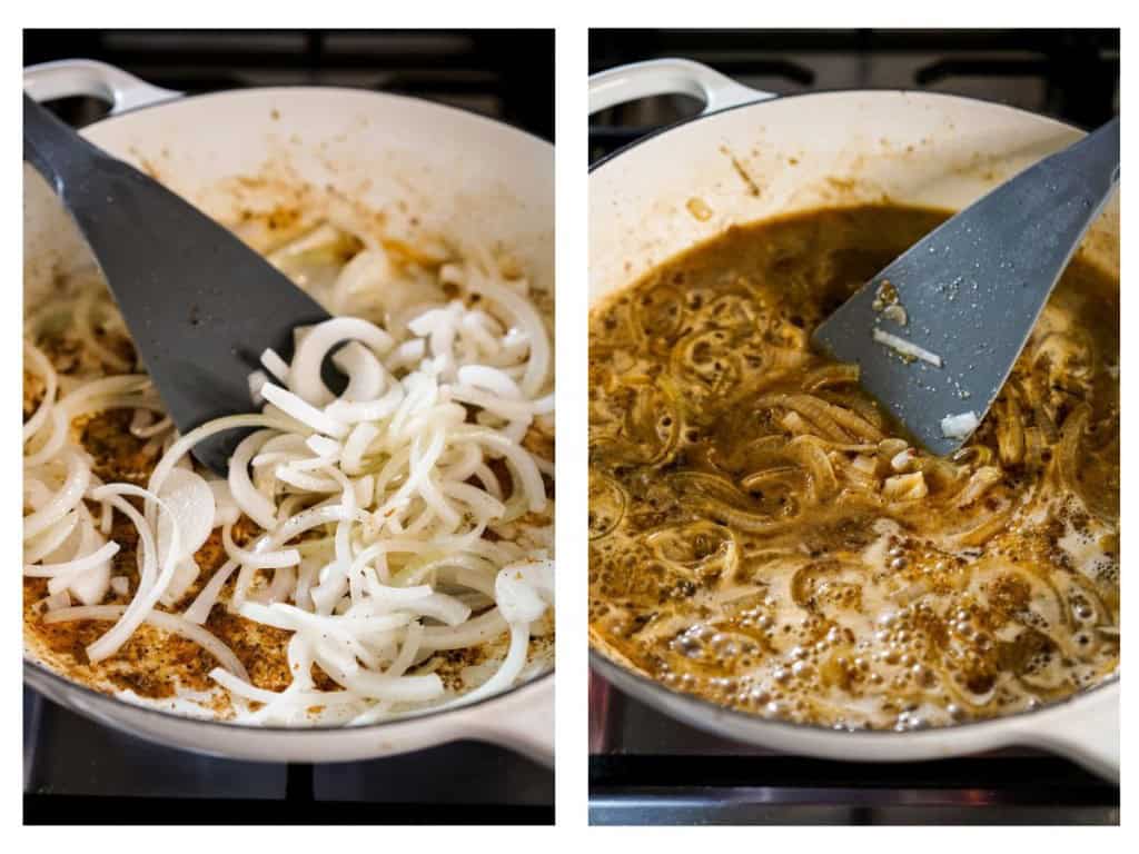 image on the left: Sliced white onions cooking in a white braiser with a gray spatula, in the browned bits left from searing chicken thighs. Image on the right:White wine and chicken broth simmering with the onions in the braiser to make the sauce for braised chicken thighs, with a gray spatula stirring.