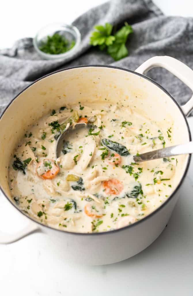 A ladle is resting in a Dutch oven filled with Gnocchi Chicken Soup.