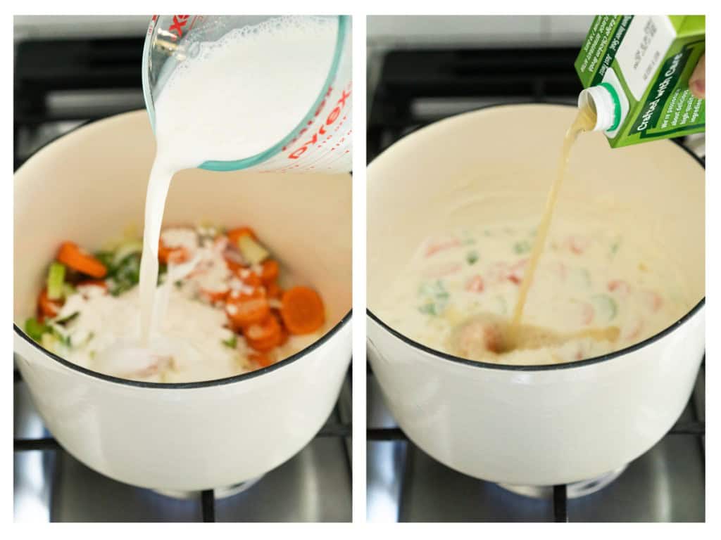 Half and half and chicken broth are added to the Dutch oven.