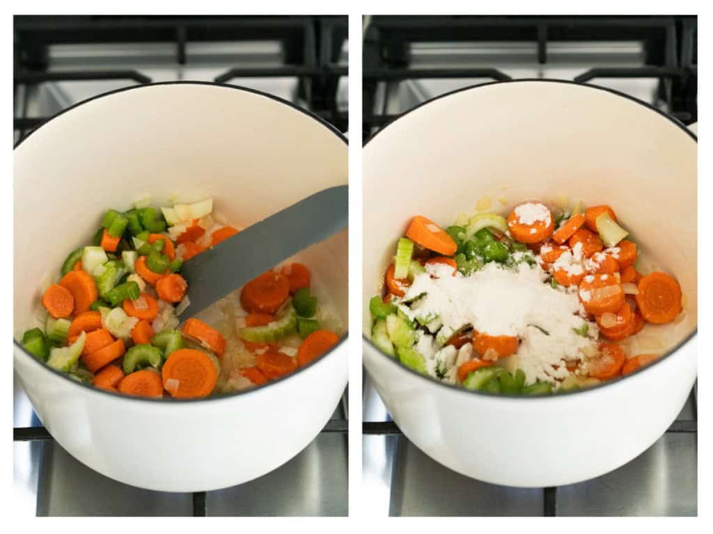 Onions, celery, carrots and garlic are cooked until soft in a Dutch oven. Flour is added to the veggies.