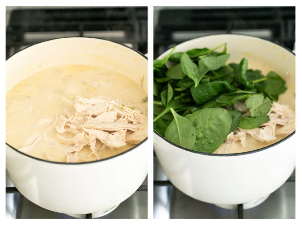 Shredded chicken is returned to the Dutch oven and spinach is added.
