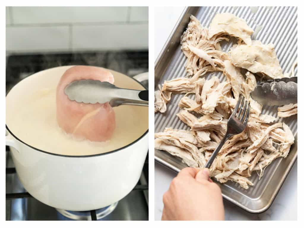 Chicken breasts are fully cooked in the Dutch oven. Once cooked, they are removed and shredded.